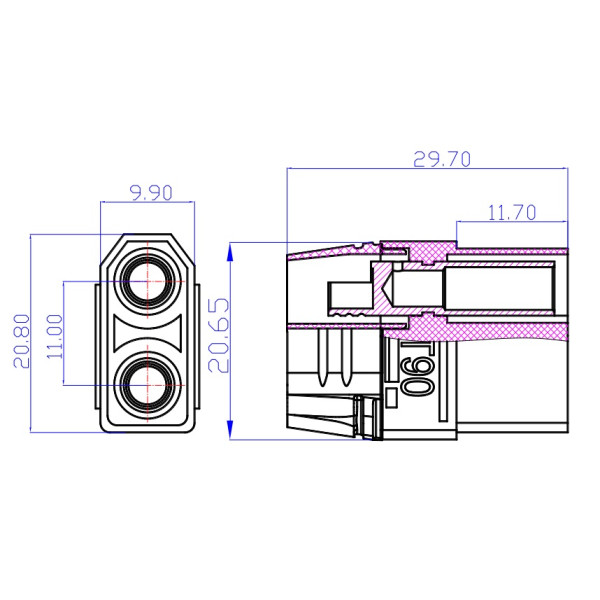 Connettore per alimentazione DC volante 2 poli XT90 femmina