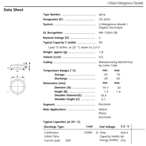 Batteria CR2016 3V al litio Varta 6016 101 401