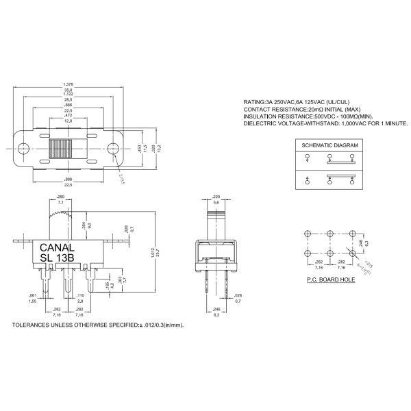 2-position bipolar slide switch 3A