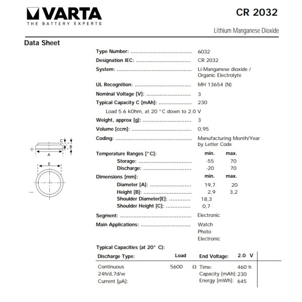 Varta 6032 101 401 CR2032 3V lithium battery