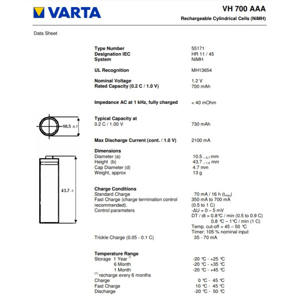 AAA NIMH 1.2V 700mAh battery with flat pole Varta 55171101501