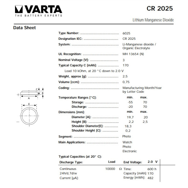 Varta 6025 101 401 CR2025 3V lithium battery