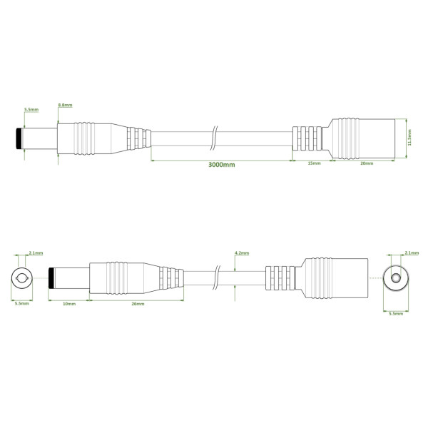 Cavo di prolunga DC 3mt 5.5x2.1 maschio - femmina