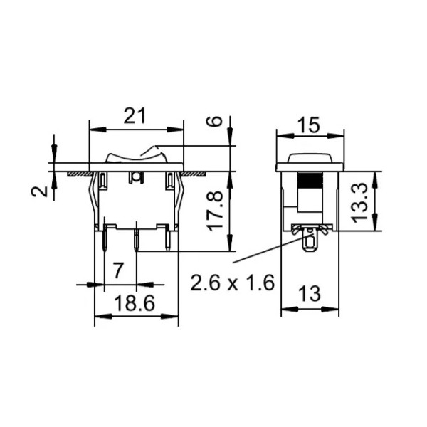 Rectangular unipolar rocker switch (ON)-OFF-(ON)