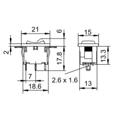 Rectangular unipolar rocker switch (ON)-OFF-(ON)