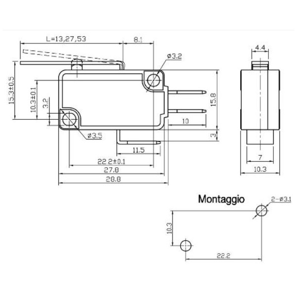Deviatore finecorsa con leva lunga 27mm 16A