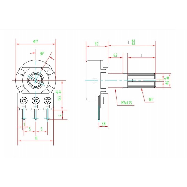 Metallic logarithmic 100K ohm potentiometer